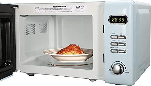 Emerson MWR7020BL Retro Compact Countertop Microwave Oven with Button Control, LED Display, 700W 5 Power Levels, 8 Auto Menus, Glass Turntable and Child Safe Lock, 0.7, Thunderbird Blue - My Kitchen Products