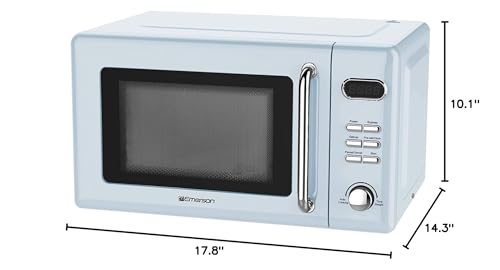Emerson MWR7020BL Retro Compact Countertop Microwave Oven with Button Control, LED Display, 700W 5 Power Levels, 8 Auto Menus, Glass Turntable and Child Safe Lock, 0.7, Thunderbird Blue - My Kitchen Products