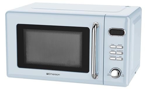 Emerson MWR7020BL Retro Compact Countertop Microwave Oven with Button Control, LED Display, 700W 5 Power Levels, 8 Auto Menus, Glass Turntable and Child Safe Lock, 0.7, Thunderbird Blue - My Kitchen Products
