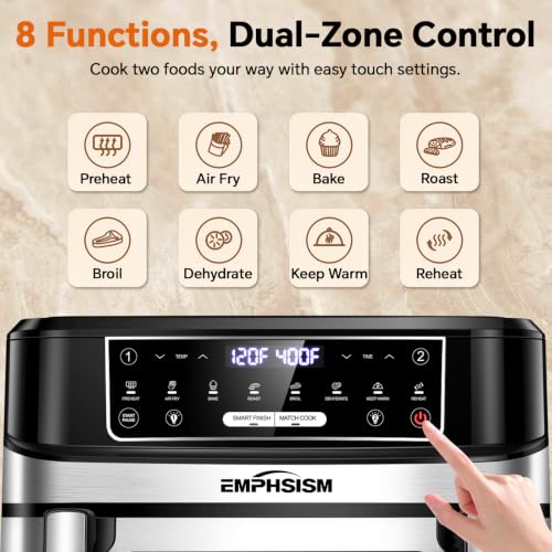 Emphsism 12QT Large Dual Zone Air Fryer with Divider, Match Cook & Smart Finish, Air Fry/Roast/Bake/Toast/Dehydrate/Reheat/Keep Warm/Preheat, Nonstick Dishwasher-Safe Basket, Digital Touchscreen - My Kitchen Products