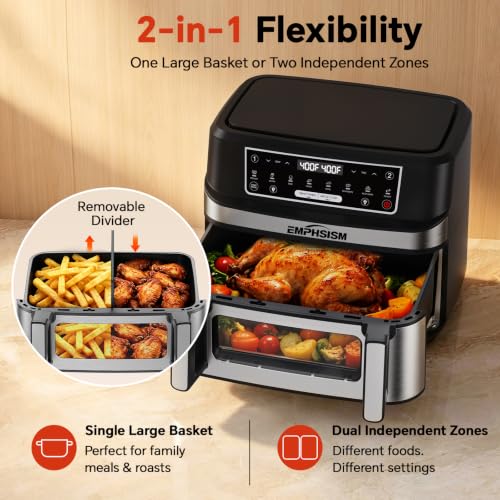 Emphsism 12QT Large Dual Zone Air Fryer with Divider, Match Cook & Smart Finish, Air Fry/Roast/Bake/Toast/Dehydrate/Reheat/Keep Warm/Preheat, Nonstick Dishwasher-Safe Basket, Digital Touchscreen - My Kitchen Products