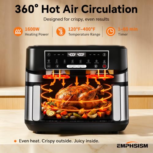 Emphsism 12QT Large Dual Zone Air Fryer with Divider, Match Cook & Smart Finish, Air Fry/Roast/Bake/Toast/Dehydrate/Reheat/Keep Warm/Preheat, Nonstick Dishwasher-Safe Basket, Digital Touchscreen - My Kitchen Products