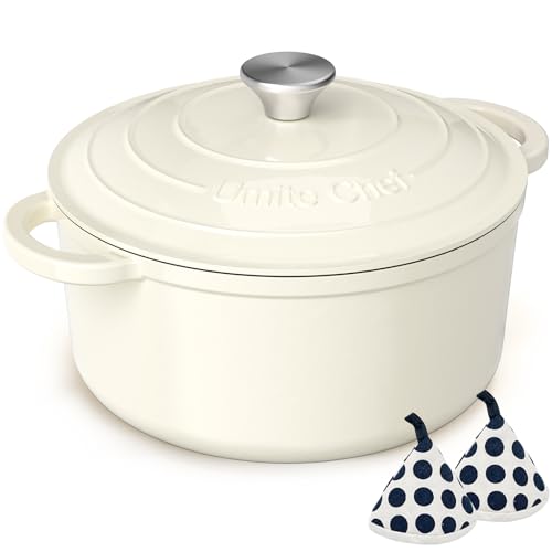 Enameled Cast Iron Dutch Oven - Umite Chef 5QT Pot with Lid & Cotton Potholders - Heavy-Duty Cookware for Bread Baking, Braising, Stews, Roasting(Cream White) - My Kitchen Products