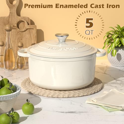 Enameled Cast Iron Dutch Oven - Umite Chef 5QT Pot with Lid & Cotton Potholders - Heavy-Duty Cookware for Bread Baking, Braising, Stews, Roasting(Cream White) - My Kitchen Products