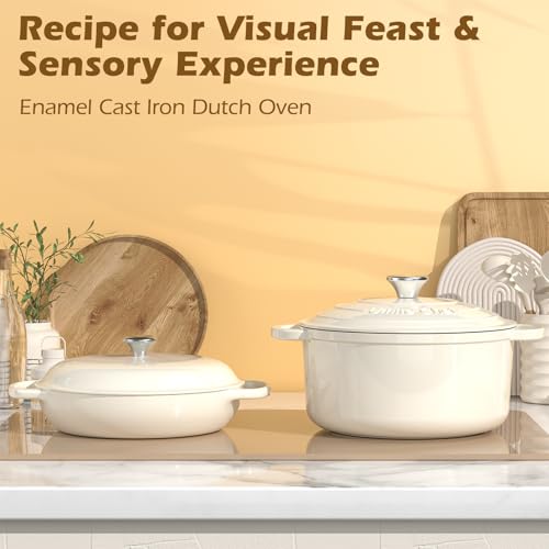 Enameled Cast Iron Dutch Oven - Umite Chef 5QT Pot with Lid & Cotton Potholders - Heavy-Duty Cookware for Bread Baking, Braising, Stews, Roasting(Cream White) - My Kitchen Products