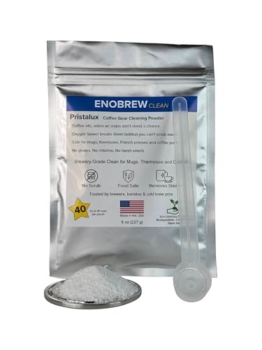 Enobrew Pristalux Coffee Gear Cleaner Powder – Stainless Steel Mug & Insulated Tumbler Stain Remover – No-Scrub Overnight Soak – Removes Coffee Oils & Odors – Chlorine-Free, Food-Safe. (8 oz) - My Kitchen Products