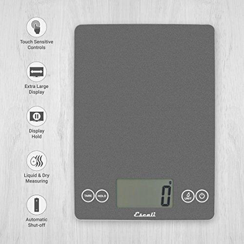 Escali Arti Glass Food Scale Digital Countertop Kitchen, Baking and Cooking Scale with Nutrition and Calorie Counter, 15-Pound Capacity, 9" x 6.5" x .75", Gray Storm - My Kitchen Products