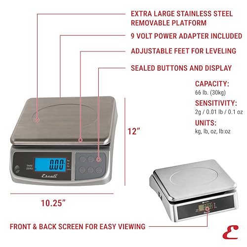 Escali M-Series NSF Certified Digital Kitchen & Industrial Scale, 66 lb Capacity, Dual Display, Spill-Proof, Stainless Steel - My Kitchen Products