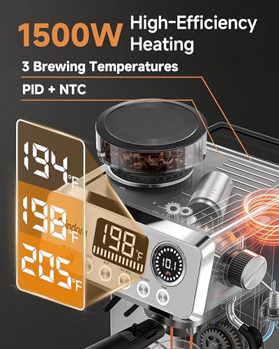 Espresso Machine with Grinder, 20 Bar Stainless Steel Espresso Coffee Machine, 44 Grind Settings, 0.1s Precision Timer, PID Control, Milk Frother for Latte, Cappuccino, Americano & Cold Brew - My Kitchen Products
