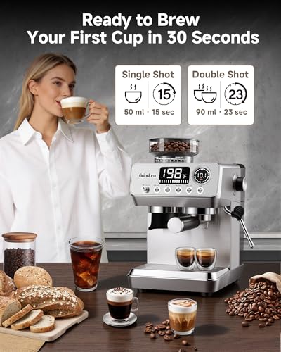 Espresso Machine with Grinder, 20 Bar Stainless Steel Espresso Coffee Machine, 44 Grind Settings, 0.1s Precision Timer, PID Control, Milk Frother for Latte, Cappuccino, Americano & Cold Brew - My Kitchen Products