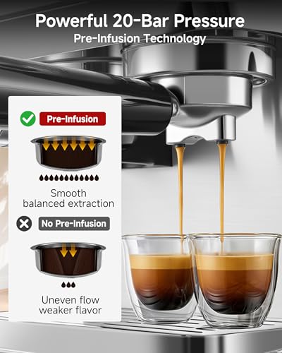 Espresso Machine with Grinder, 20 Bar Stainless Steel Espresso Coffee Machine, 44 Grind Settings, 0.1s Precision Timer, PID Control, Milk Frother for Latte, Cappuccino, Americano & Cold Brew - My Kitchen Products