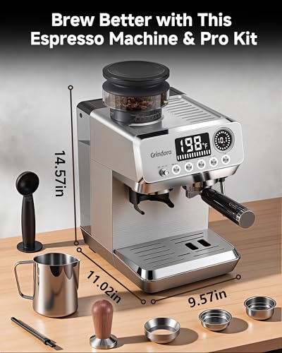 Espresso Machine with Grinder, 20 Bar Stainless Steel Espresso Coffee Machine, 44 Grind Settings, 0.1s Precision Timer, PID Control, Milk Frother for Latte, Cappuccino, Americano & Cold Brew - My Kitchen Products