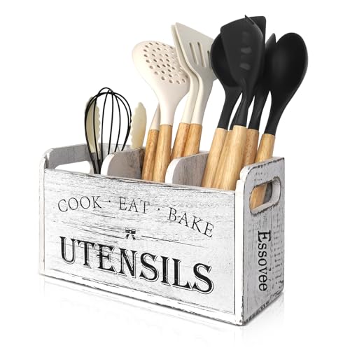 Essovee Farmhouse Kitchen Utensil Holder with 3 Compartments, Wooden Utensil Organizer for Countertop, Utensil Holder Rustic