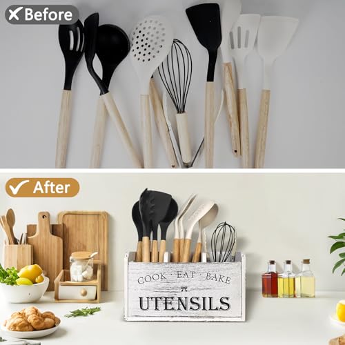 Essovee Farmhouse Kitchen Utensil Holder with 3 Compartments, Wooden Utensil Organizer for Countertop, Utensil Holder Rustic Cooking Utensil for Farmhouse Kitchen Decor - My Kitchen Products
