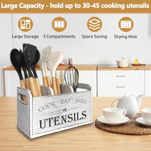 Essovee Farmhouse Kitchen Utensil Holder with 3 Compartments, Wooden Utensil Organizer for Countertop, Utensil Holder Rustic Cooking Utensil for Farmhouse Kitchen Decor - My Kitchen Products