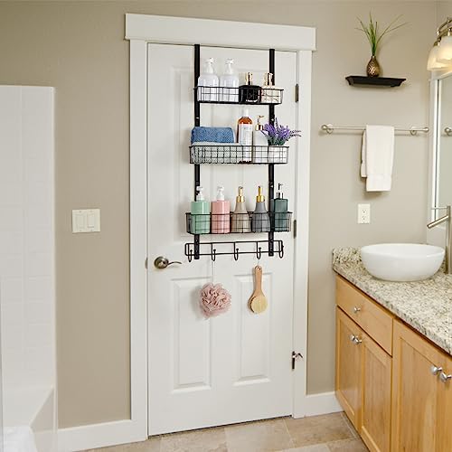ETELI Over the Door Pantry Organizer 3 Tier Hanging Basket Back Door Storage Rack Shelf Metal Over the Door Shelves with 3 Baskets and 5 Hooks for Bathroom Kitchen Pantry Bedroom, Black - My Kitchen Products