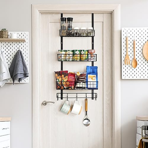 ETELI Over the Door Pantry Organizer 3 Tier Hanging Basket Back Door Storage Rack Shelf Metal Over the Door Shelves with 3 Baskets and 5 Hooks for Bathroom Kitchen Pantry Bedroom, Black - My Kitchen Products