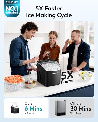 EUHOMY Countertop Ice Maker Machine with Handle, 26lbs in 24Hrs, 9 Ice Cubes Ready in 6 Mins, Auto-Cleaning Portable Ice Maker with Basket and Scoop, for Home/Kitchen/Camping/RV. (Black) - My Kitchen Products