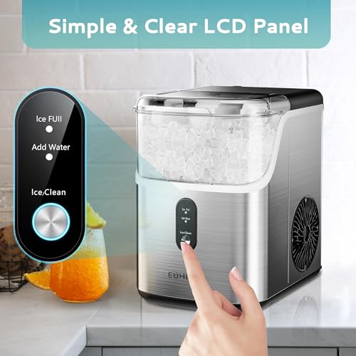 EUHOMY Nugget Ice Makers Countertop, Pebble Ice Maker Machine with 34lbs/24H Soft Ice, Self-Cleaning Sonic Ice Maker with Ice Scoop&Basket, Pellet Ice Maker for Home/Kitchen/Office(Stainless Steels) - My Kitchen Products
