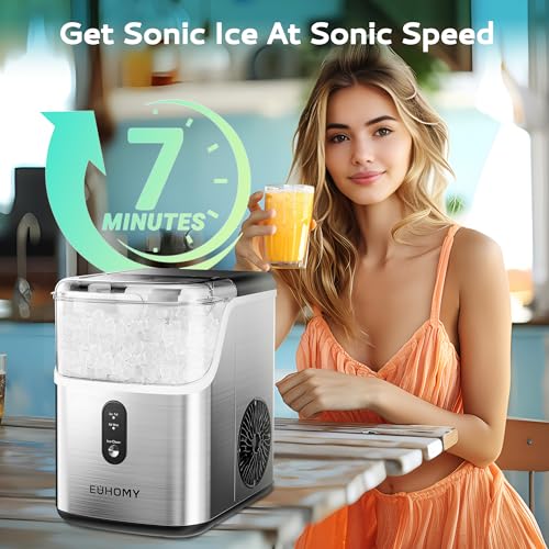 EUHOMY Nugget Ice Makers Countertop, Pebble Ice Maker Machine with 34lbs/24H Soft Ice, Self-Cleaning Sonic Ice Maker with Ice Scoop&Basket, Pellet Ice Maker for Home/Kitchen/Office(Stainless Steels) - My Kitchen Products