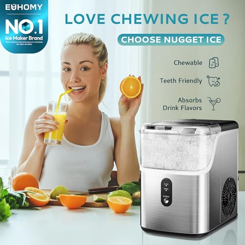 EUHOMY Nugget Ice Makers Countertop, Pebble Ice Maker Machine with 34lbs/24H Soft Ice, Self-Cleaning Sonic Ice Maker with Ice Scoop&Basket, Pellet Ice Maker for Home/Kitchen/Office(Stainless Steels) - My Kitchen Products
