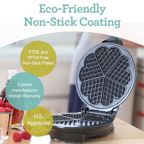 Euro Cuisine WM520 Heart Shaped Iron Waffle Maker - Eco-Friendly PTFE and PFOA Free Non Stick Plates, Perfect for V-Day & Special Occasions, 8-Inch - My Kitchen Products