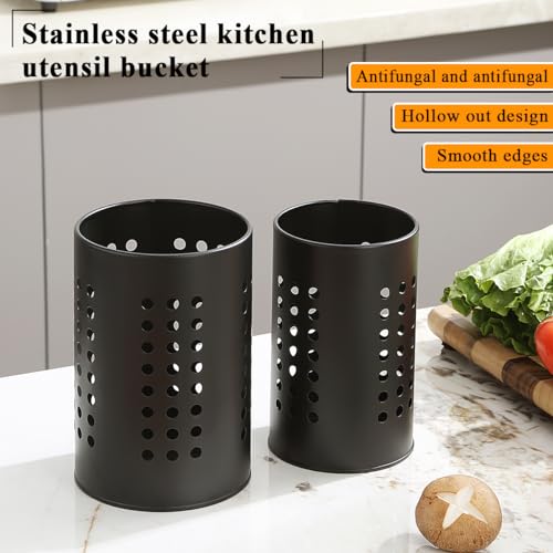 Evanda Kitchen Utensils Holder for Countertop Pack of 2, Stainless Steel Black Utensils Caddy, Farmhouse Stylish Organizer and Kitchen Decor Utensil Crock, Gift for New House New Apartment - My Kitchen Products