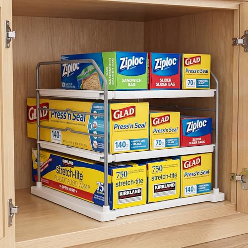 EVERIE Extendable 3-Tier Kitchen Cabinet & Pantry Organizer for Plastic Wrap, Foil & Storage Bags, Adjustable Heavy Duty Shelf Rack for Wrap Boxes, Jars & Snack Boxes (11–16.7 in Wide), Pack of 1 - My Kitchen Products