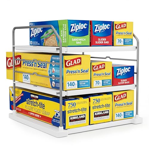 EVERIE Extendable 3-Tier Kitchen Cabinet & Pantry Organizer for Plastic Wrap, Foil & Storage Bags, Adjustable Heavy Duty Shelf Rack for Wrap Boxes, Jars & Snack Boxes (11–16.7 in Wide), Pack of 1 - My Kitchen Products