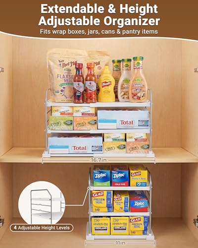 EVERIE Extendable 3-Tier Kitchen Cabinet & Pantry Organizer for Plastic Wrap, Foil & Storage Bags, Adjustable Heavy Duty Shelf Rack for Wrap Boxes, Jars & Snack Boxes (11–16.7 in Wide), Pack of 1 - My Kitchen Products