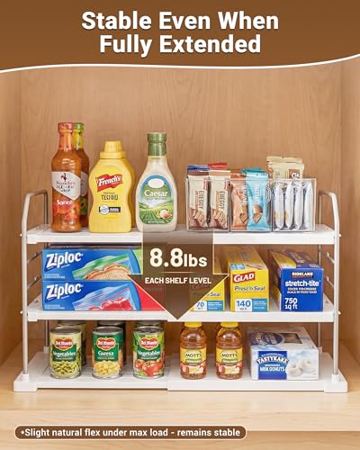EVERIE Extendable 3-Tier Kitchen Cabinet & Pantry Organizer for Plastic Wrap, Foil & Storage Bags, Adjustable Heavy Duty Shelf Rack for Wrap Boxes, Jars & Snack Boxes (11–16.7 in Wide), Pack of 1 - My Kitchen Products