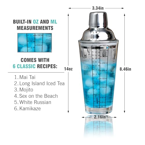 EVERYDAY COCKTAIL - Professional Glass Cocktail Shaker 14 oz, Martini Shaker with Recipes and Measurements, Built-in Strainer and Leakproof Seal, Clear Bar Tool for Margaritas, Martinis - My Kitchen Products