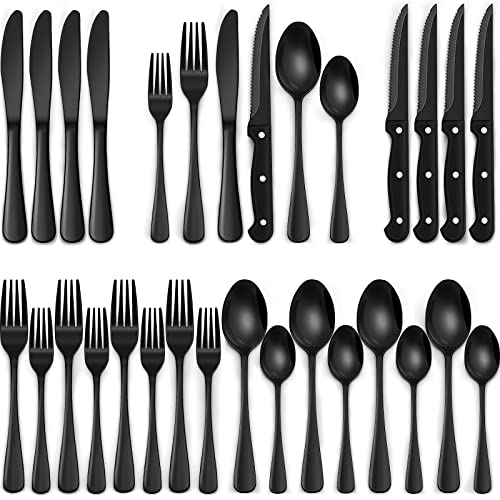 EWFEN 24-Piece Black Silverware Set with Steak Knives, Black Flatware Set for 4, Food-Grade Stainless Steel Tableware Cutlery Set, Mirror Finished Utensil Sets for Home Restaurant, Round Edge - My Kitchen Products