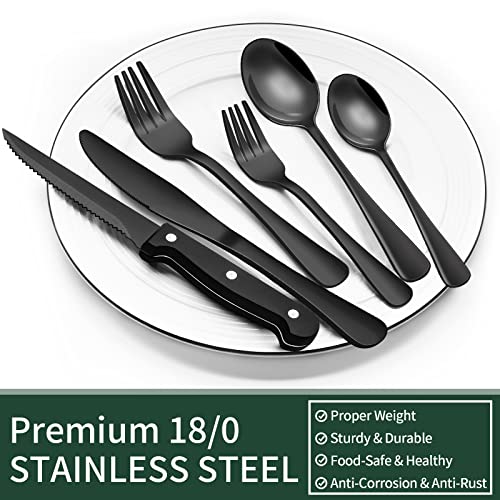 EWFEN 24-Piece Black Silverware Set with Steak Knives, Black Flatware Set for 4, Food-Grade Stainless Steel Tableware Cutlery Set, Mirror Finished Utensil Sets for Home Restaurant, Round Edge - My Kitchen Products