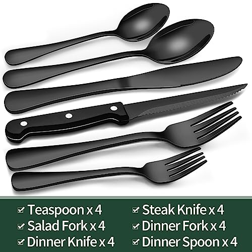 EWFEN 24-Piece Black Silverware Set with Steak Knives, Black Flatware Set for 4, Food-Grade Stainless Steel Tableware Cutlery Set, Mirror Finished Utensil Sets for Home Restaurant, Round Edge - My Kitchen Products
