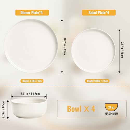 EWFEN Plates and Bowls Sets, 12 Pieces Ceramic Dinnerware Set for 4, Stoneware Dishware Dishes Set, Scratch Resistant Dishes Set, Dishwasher & Microwave Safe, White - My Kitchen Products