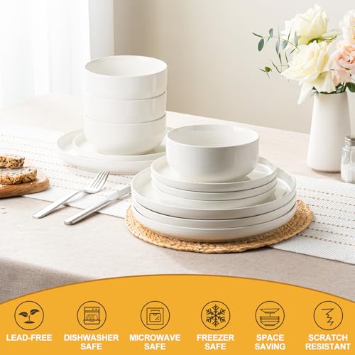 EWFEN Plates and Bowls Sets, 12 Pieces Ceramic Dinnerware Set for 4, Stoneware Dishware Dishes Set, Scratch Resistant Dishes Set, Dishwasher & Microwave Safe, White - My Kitchen Products