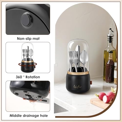 EXIN DECHEN 360° Rotation Silverware Organizer for Kitchen Counter,Utensil Holder Caddy Silverware Caddy Holder for Party,Spoon and Fork Organizer,7 Slots and Intermediate Drainage Device with Cover - My Kitchen Products