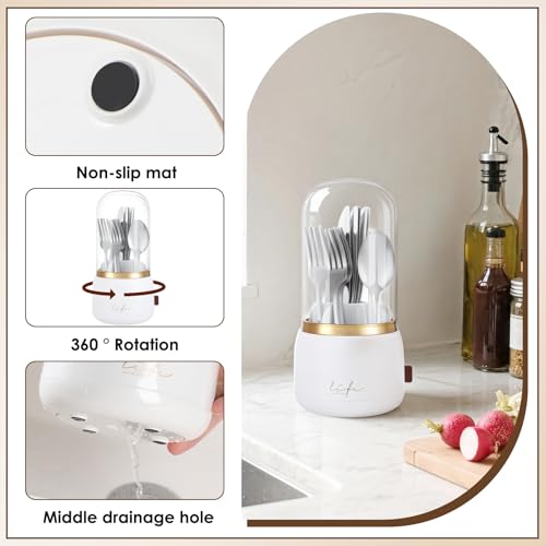 EXIN DECHEN 360° Rotation Silverware Organizer for Kitchen Counter,Utensil Holder Caddy Silverware Caddy Holder for Party,Spoon and Fork Organizer,7 Slots and Intermediate Drainage Device with Cover - My Kitchen Products