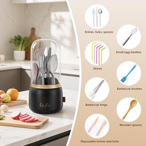 EXIN DECHEN 360° Rotation Silverware Organizer for Kitchen Counter,Utensil Holder Caddy Silverware Caddy Holder for Party,Spoon and Fork Organizer,7 Slots and Intermediate Drainage Device with Cover - My Kitchen Products