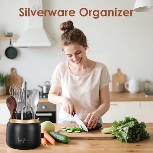 EXIN DECHEN 360° Rotation Silverware Organizer for Kitchen Counter,Utensil Holder Caddy Silverware Caddy Holder for Party,Spoon and Fork Organizer,7 Slots and Intermediate Drainage Device with Cover - My Kitchen Products