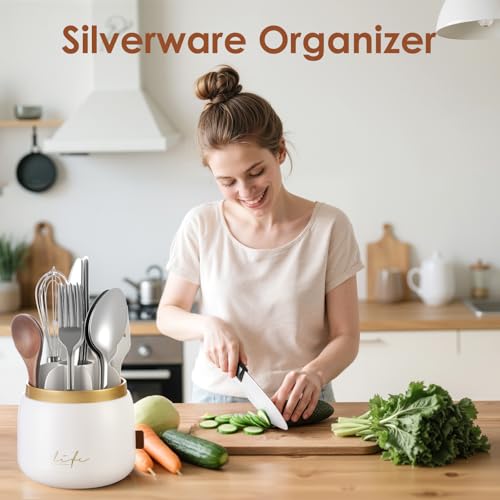 EXIN DECHEN 360° Rotation Silverware Organizer for Kitchen Counter,Utensil Holder Caddy Silverware Caddy Holder for Party,Spoon and Fork Organizer,7 Slots and Intermediate Drainage Device with Cover - My Kitchen Products