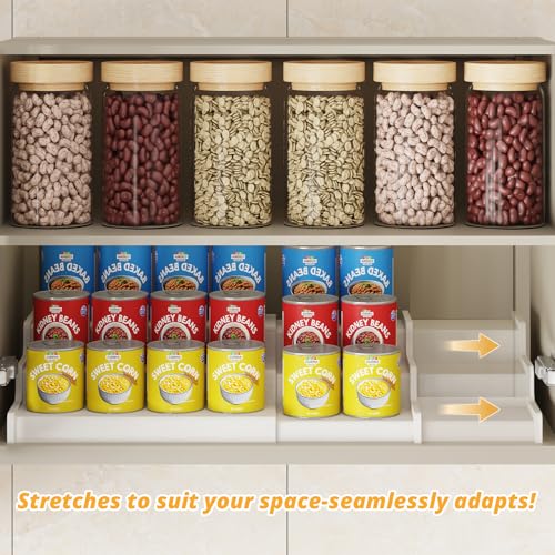 Expandable Bamboo Can Rack Organizer for Pantry, 3-Tier Adjustable Can Storage for Kitchen Cabinets, Soda & Canned Goods Holder for Pantry Organization, Holds Up to 24 Cans, White (Patent Pending) - My Kitchen Products
