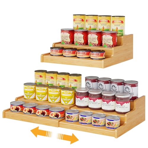 Expandable Bamboo Can Rack Organizer for Pantry, 3-Tier Adjustable Can Storage Holder, Soda Organizer Holds Up to 24