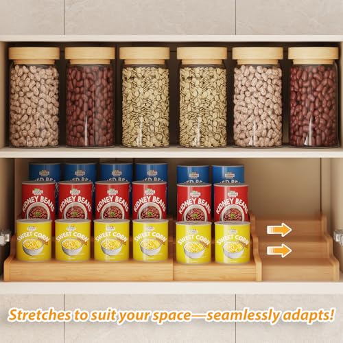 Expandable Bamboo Can Rack Organizer for Pantry, 3-Tier Adjustable Can Storage Holder, Soda Organizer Holds Up to 24 Cans, Canned goods Storage Display for Pantry, Cabinet, Countertop (patent pending) - My Kitchen Products