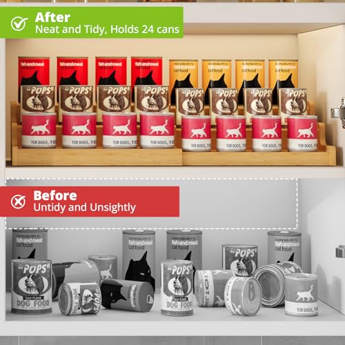 Expandable Bamboo Can Storage Display for Pantry, Easy-Access 3-Tier Adjustable Can Organizer Shelf for Cabinets, Canned Goods & Food Storage, Soda Can Organizer Holds Up to 24 Cans (Patent Pending) - My Kitchen Products