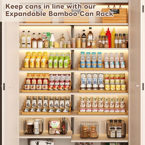 Expandable Bamboo Can Storage Display for Pantry, Easy-Access 3-Tier Adjustable Can Organizer Shelf for Cabinets, Canned Goods & Food Storage, Soda Can Organizer Holds Up to 24 Cans (Patent Pending) - My Kitchen Products