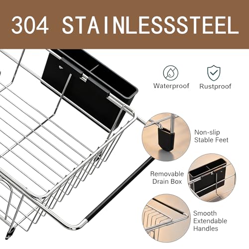 Expandable Over Sink Dish Drying Rack, Rustproof Stainless Steel Dish Drainer with Cutlery Utensil Holder, Quick Drainage Space Saving Kitchen Storage Organizer for Small Apartments RV - My Kitchen Products