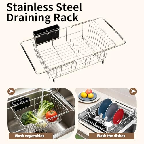 Expandable Over Sink Dish Drying Rack, Rustproof Stainless Steel Dish Drainer with Cutlery Utensil Holder, Quick Drainage Space Saving Kitchen Storage Organizer for Small Apartments RV - My Kitchen Products
