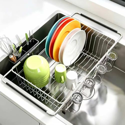 Expandable Over Sink Dish Drying Rack, Rustproof Stainless Steel Dish Drainer with Cutlery Utensil Holder, Quick Drainage Space Saving Kitchen Storage Organizer for Small Apartments RV - My Kitchen Products
